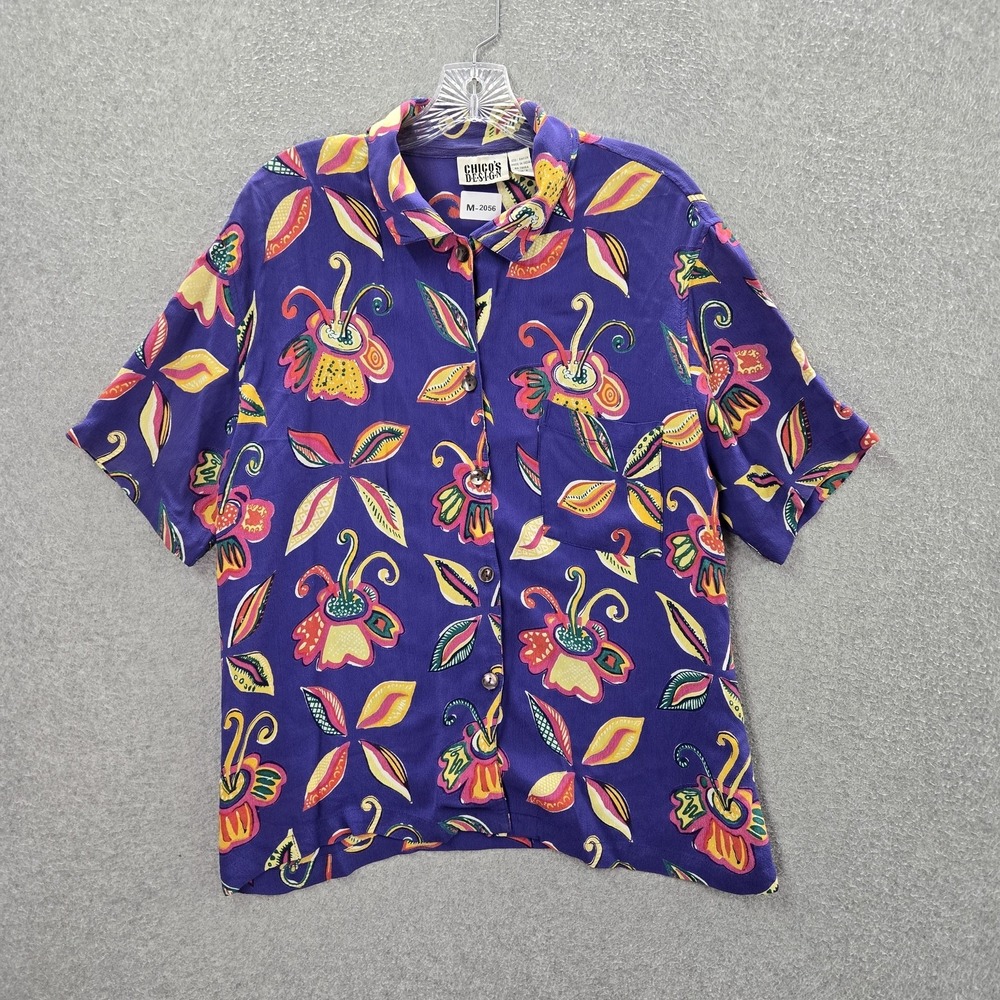 Chico's Design Women Top Button Up Shirt 2 Purple Floralโ Hawaiian Sea Shell